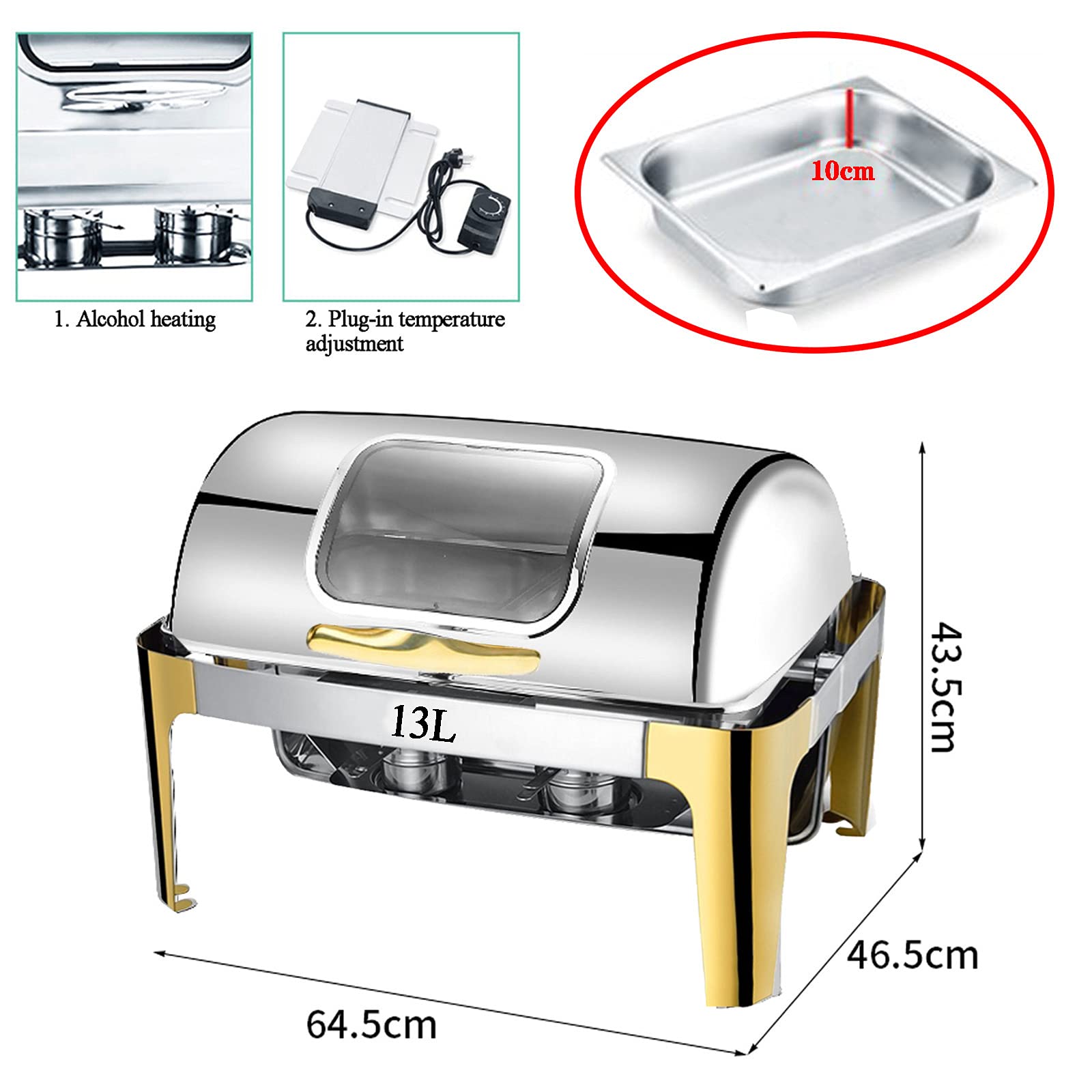 Chafing Dish Buffet, Servidor Calienta-Platos de Buffet de Acero Inoxidable para Partido Hotel, Chafing Dish Electrico con Tapa Visible para Comercial y Domestico (9L/13L)
