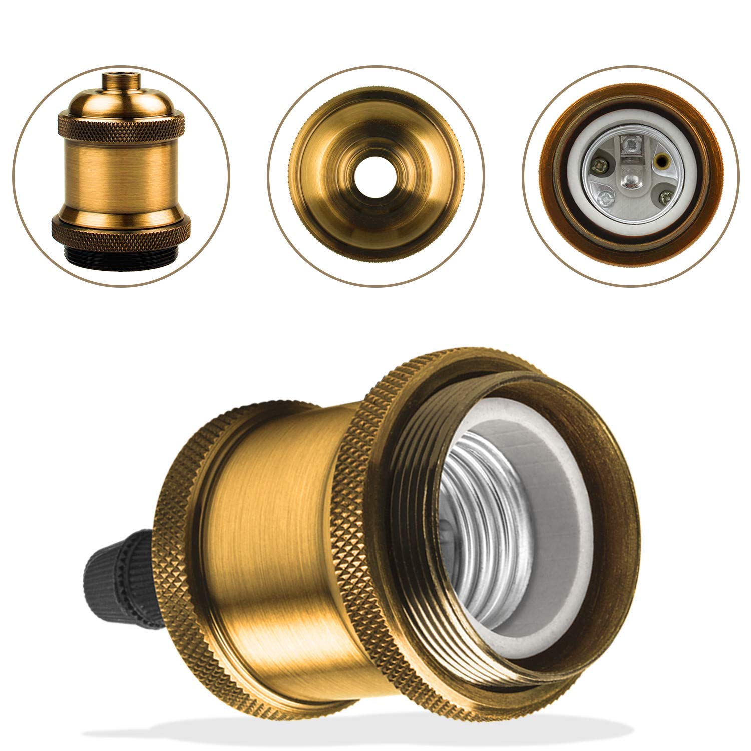 DiCUNO E26 Vintage Lamp Socket, Edison Pendant Light Socket Replacement, Antique Retro Hanging Lamp Holder for Industrial, Decorative, DIY Lighting, 600℃ Heat Resistant, 10 Packs (Vintage Brass Color)