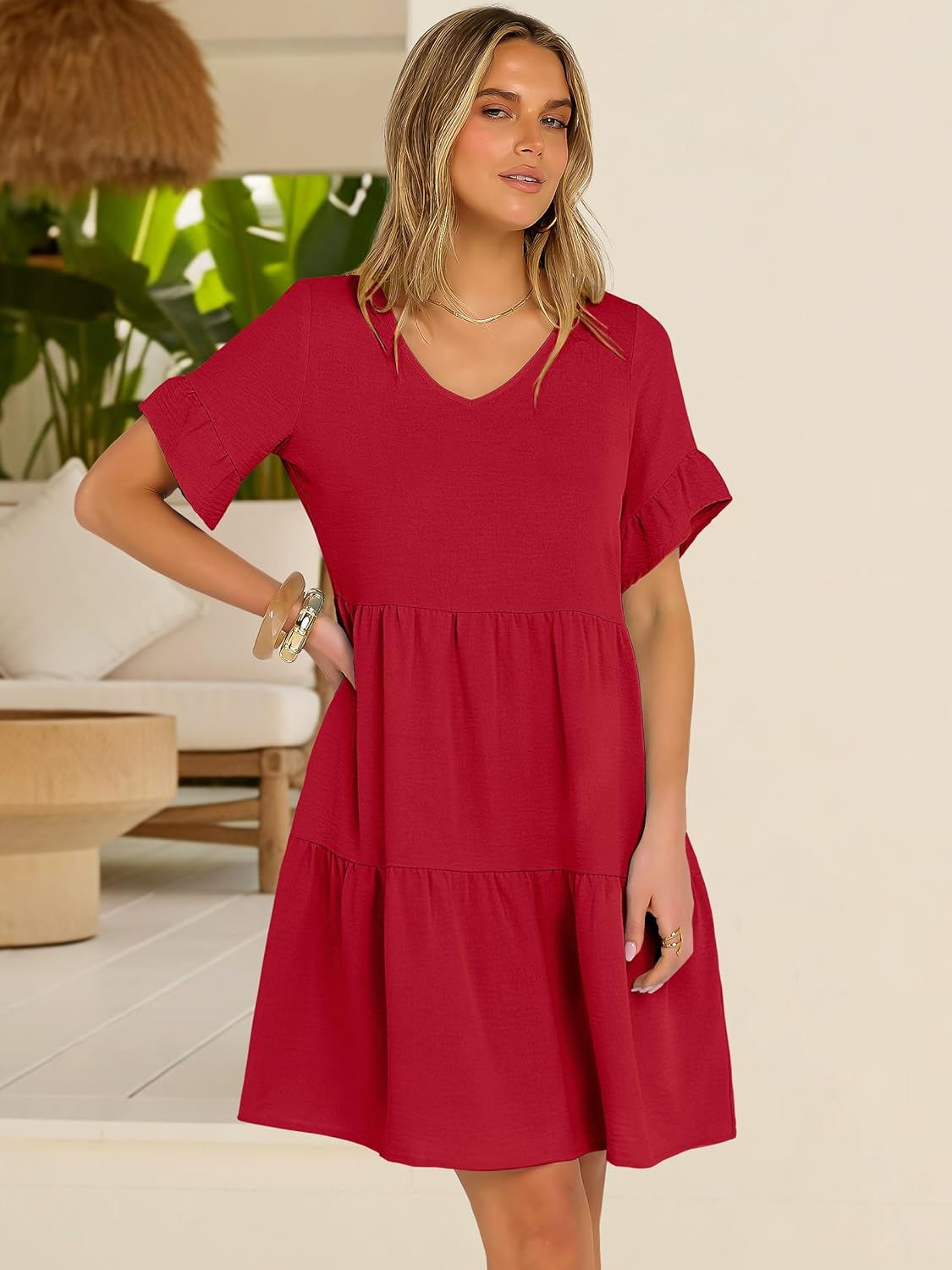 Caracilia Dresses for Women Summer Casual 2026 Ruffle Short Sleeve A Line Tiered Flowy Cute V Neck Mini Beach Dress Pockets - Image 6