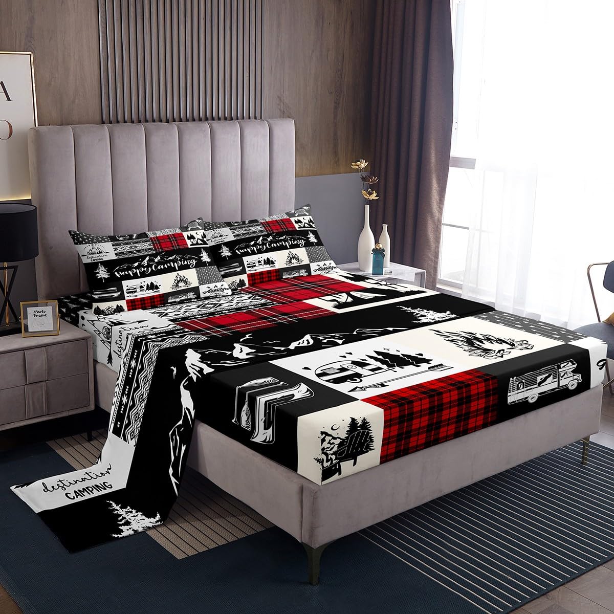 Camping Camper Bed Sheet Set King Size,RV Inside Decor Rustic Patchwork Deep Pocket Fitted Sheet,1 Flat,2 Pillowcases,Farmhouse Lodge Hunting Red