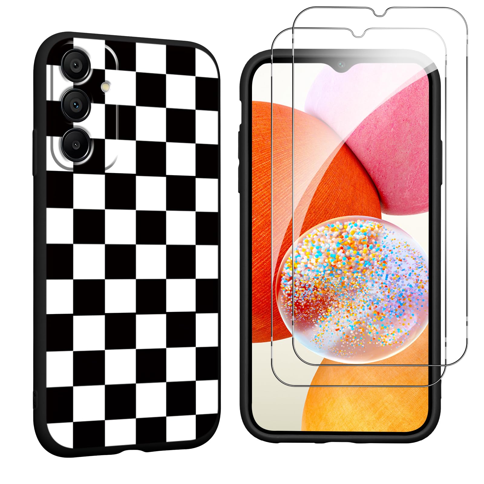 lioscre Checkered Phone Case for Samsung Galaxy A14 5G 6.6" Case with 2 Pack Tempered Screen Protector, Cute Checkerboard Pattern Design Shockproof