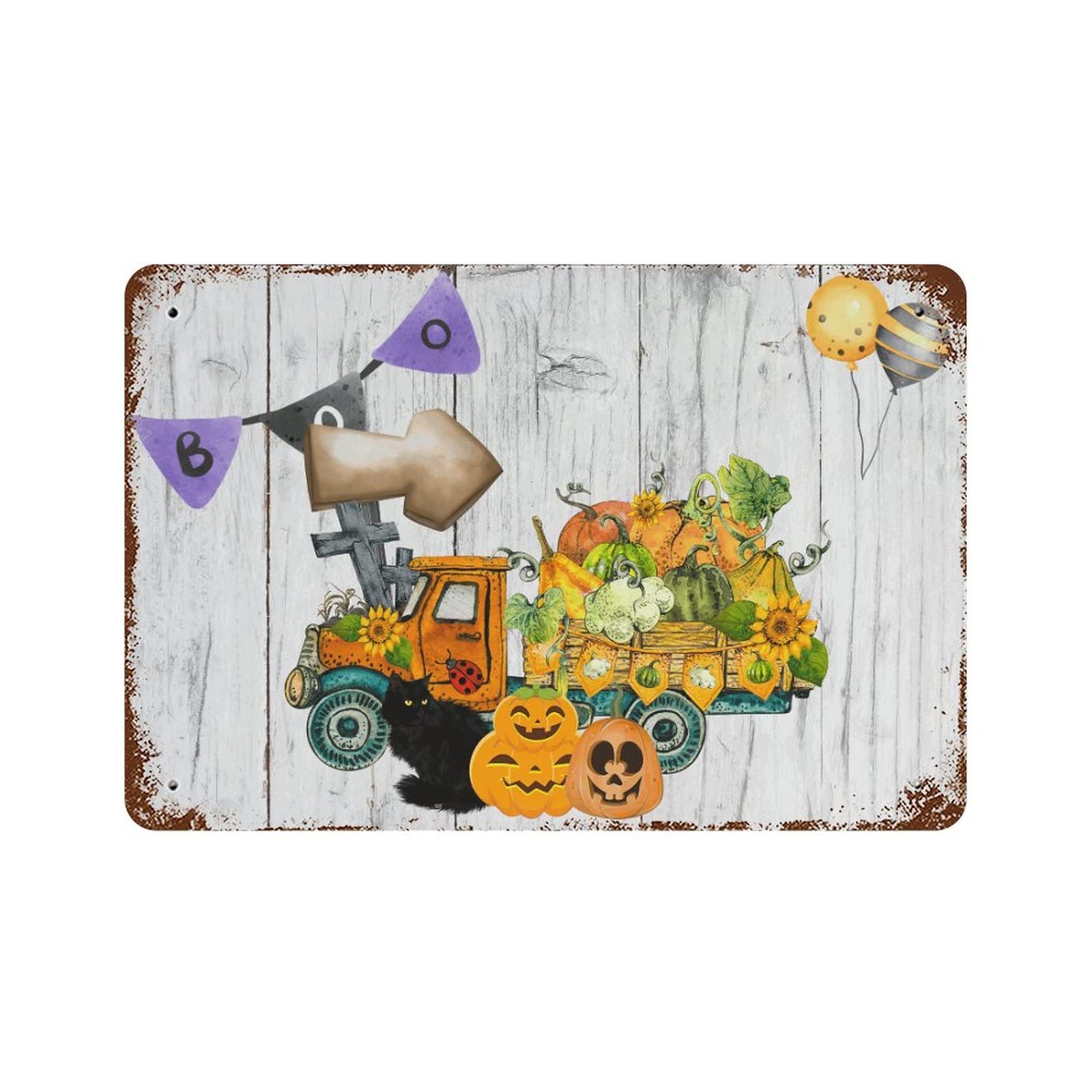 Plaque en métal Happy Halloween citrouille et nain de jardin décoration 30x45 cm