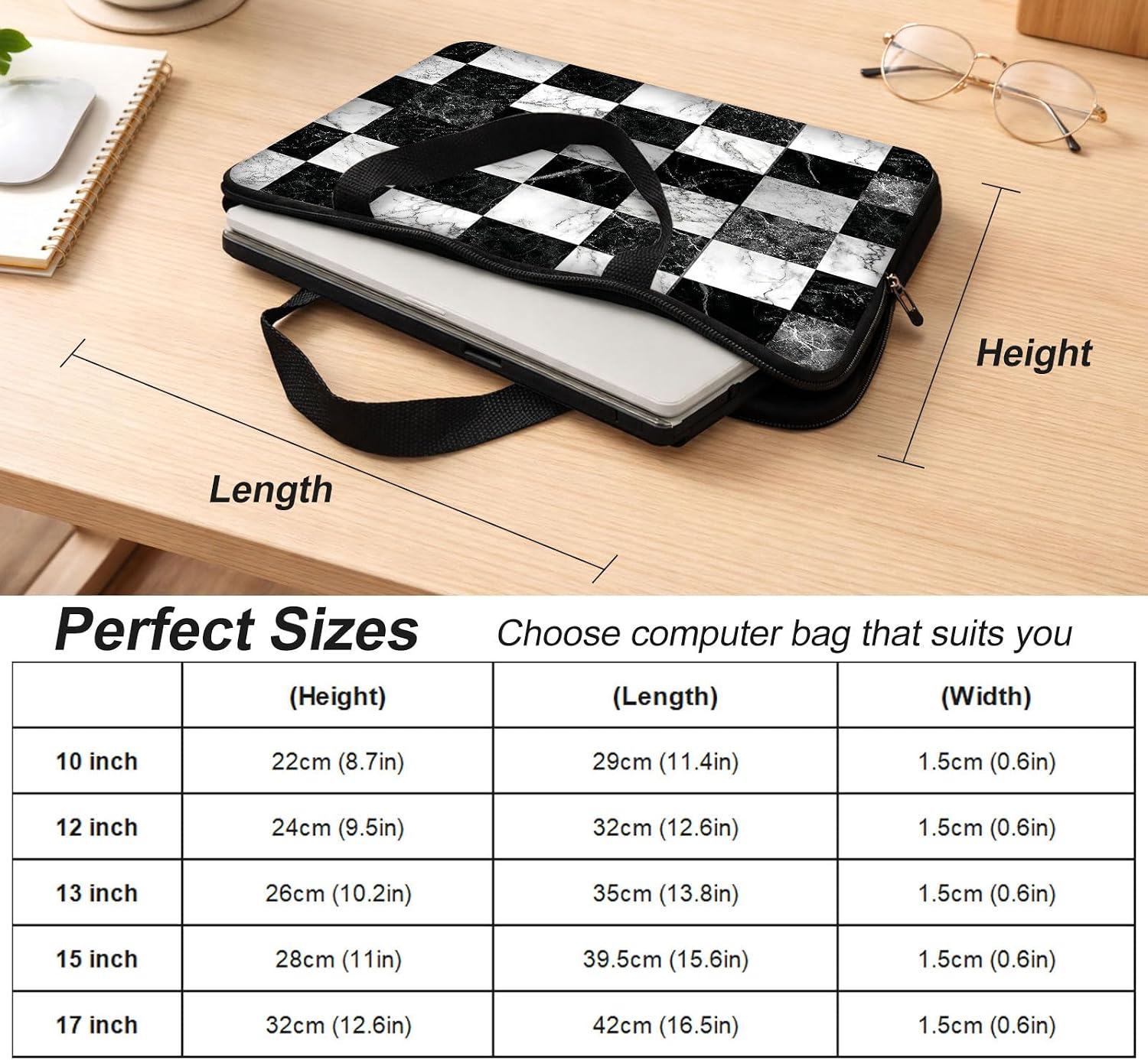 13 inch Laptop Sleeve, Modern Black White Checkerboard Shockproof Protective Bag with Handle, Slim Notebook Carrying Case for MacBook Air M3/M2/M1, iPad Pro 13 M4, MacBook Pro 14 image 4