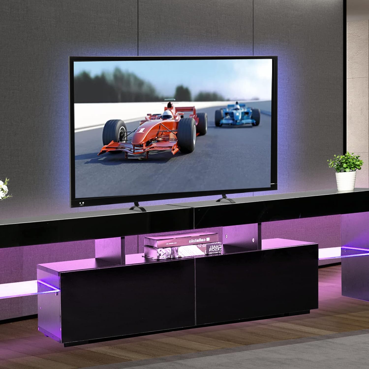 VINGLI LED TV Stand Modern TV Stand with LED Lights TV Cabinet Media Storage Console Table with Drawer and Shelves