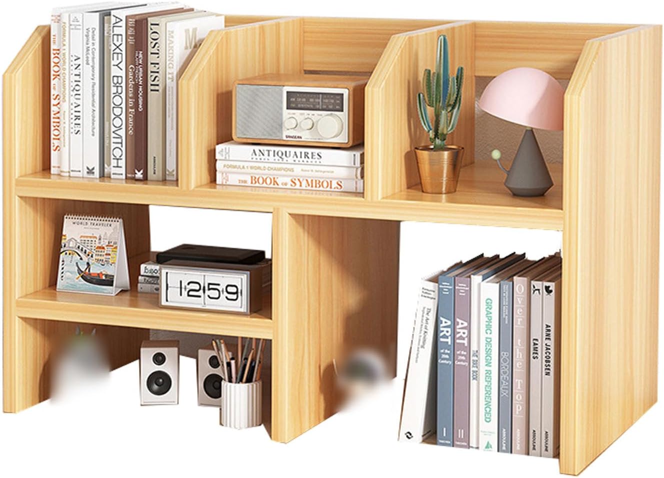 Desktop Shelf Freestanding Wooden Small Bookshelf Desk Supplies Organizers and Accessories Storage Display Rack Office Dorm Decor for Gift (Walnut+White 59 * 15 * 37cm)