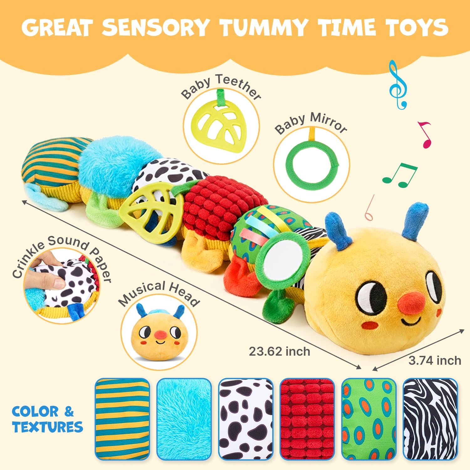 JoyCat Baby Toys 0-18 Months, Musical Crawling Caterpillar Plush Toy - 38 Songs & Recording Feature, Bouncing Tummy Time Toy, Sensory Toys with Crinkle & Textures for Newborn Boys Girl Shower Gifts