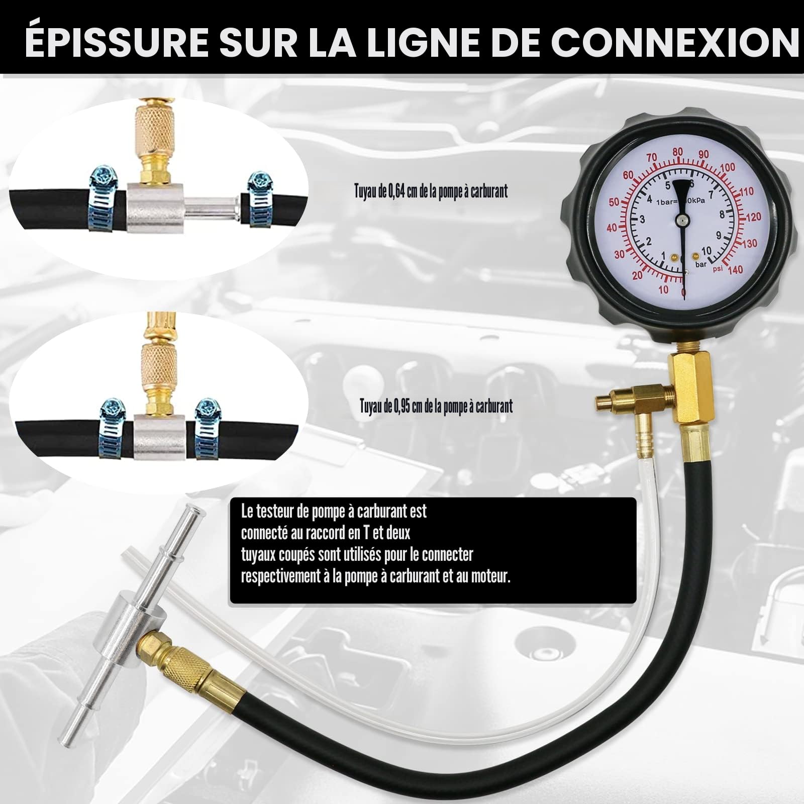 0-140PSI Testeur de pression de pompe d'injection, testeur de pression de carburant, kit universel de testeur de pression, essence, voiture, camion, moto, outil de diagnostic