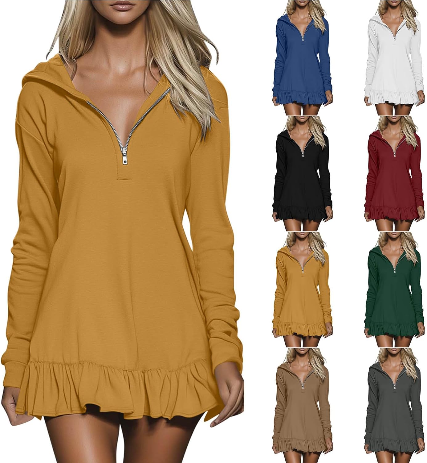 Hoodie Dress Women Ruffle Hem Mini Dresses V-Neck Half Zip Long Sleeve Pullover Tunic Hooded Sweatshirt A-Line Dress