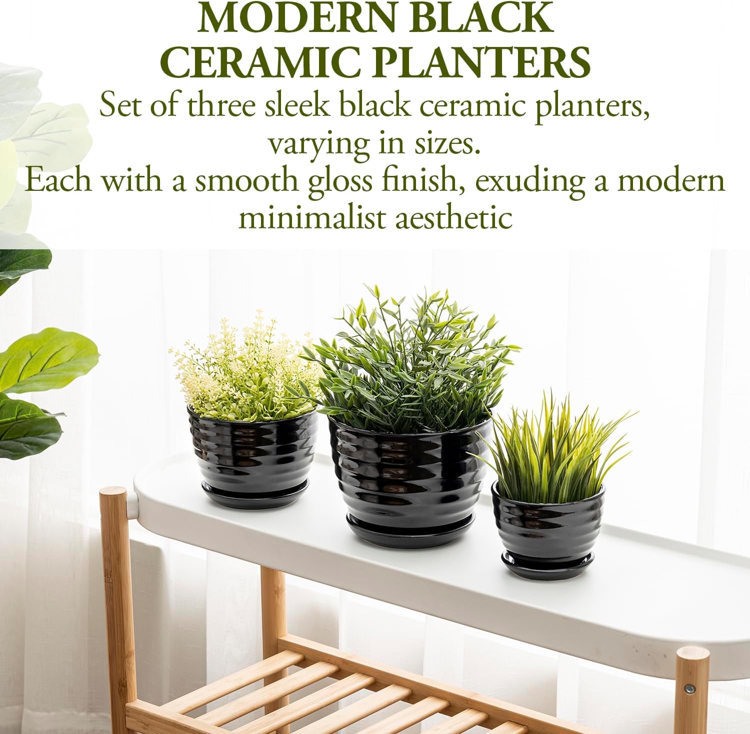 MyGift Black Ceramic Pots for Plants, 6.7+5.6+4.5 inch Flower Pots, Plant Pots Indoor with Drainage Holes and Tray, Garden Planters for Succulent and Flowers, Set of 3