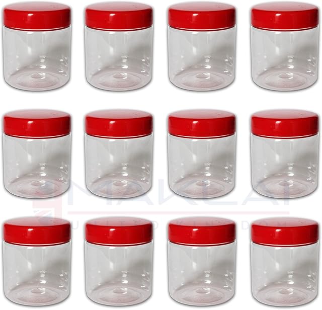 MKR PET Jars Transparent Plastic Storage Containers With Red Screw Top Lids. For Multi-Purpose Home Organisation, Food, Crafts, Powders, Herbs, Spices, Snacks (12 x 100ml)