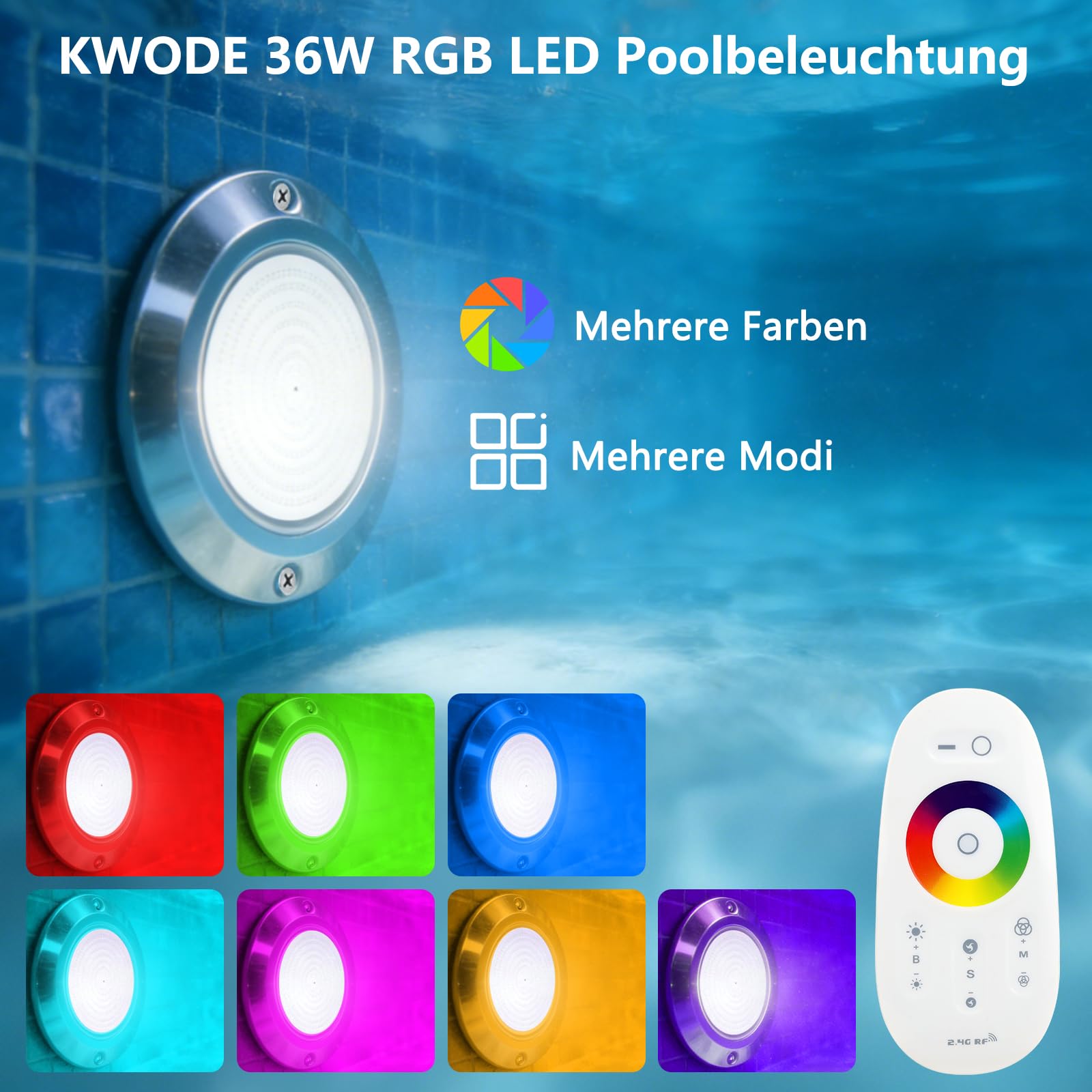 LED Poolbeleuchtung， 36W RGB Edelstahl Poolbeleuchtung Extra Flach， IP68 Unterwasserscheinwerfer Poolscheinwerfer mit Fernbedienung [24V]