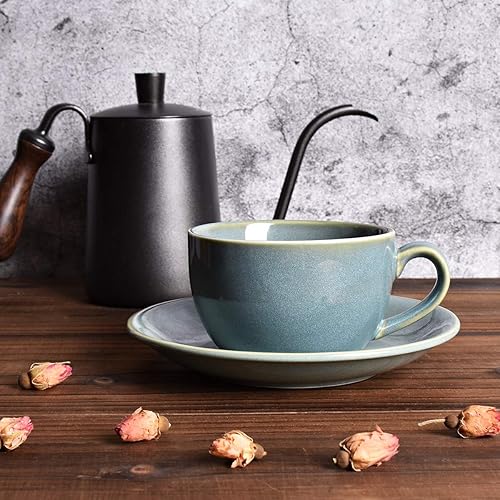 Miniatura 4 de Bosmarlin Taza de café de cerámica con platillo, juego de 2 para café con leche, capuchino, té, 8.5 onzas, apta para lavavajillas y microondas