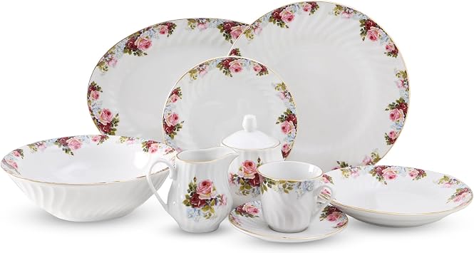 Lynns Paradise Philomena Floral 45-Piece Dinnerware Set | 24K Gold Trim | دوامة منقوشة | لوحات وأوعية مجموعات | أساسيات الشقة | ملحقات المطبخ المنزلي | تصميم الأزهار