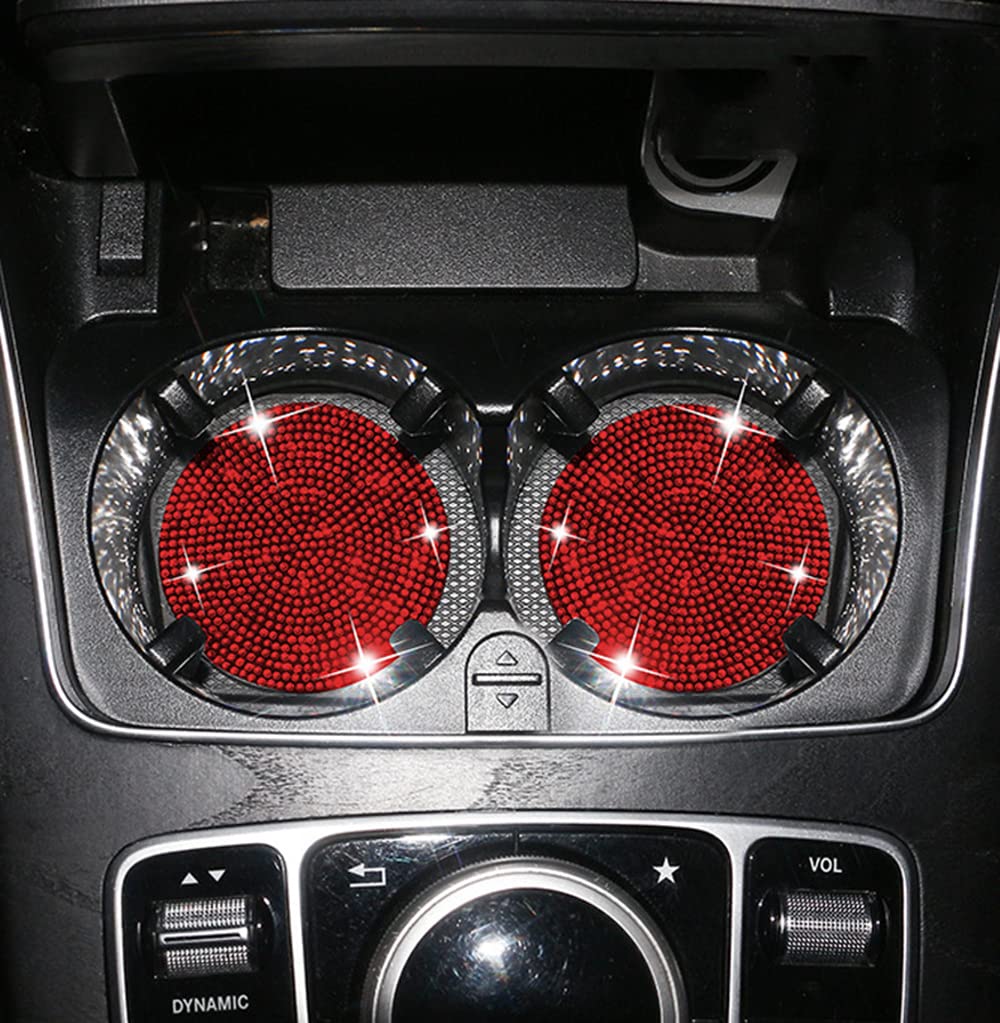 Set di 2 sottobicchieri universali per auto, con brillantini, in silicone, antiscivolo, con cristalli, accessori per interni dell'auto, colore: rosso