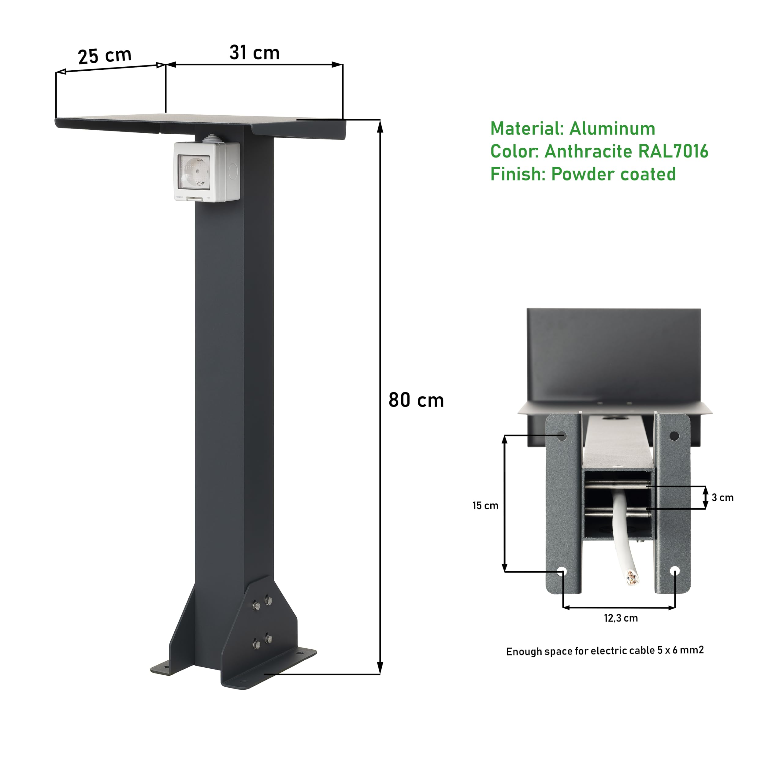 Standfuß aus Aluminium mit außensteckdose. Hochwertiger Steckdosensäule. Steckdose für aussen mit standfuß (Schuko 1F, 16A, 3,7kW)