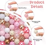 20mm Bubblegum Beads for Adult Crafts, 50 Pieces Round Acrylic Beads in Pink, Gold and White with Spacers, Extender Chains and Cord