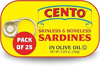 Cento Skinless & Boneless Sardines in Olive Oil, 4.375 Oz (Pack of 25), High Protein, Easy to Open Pull Top Lid