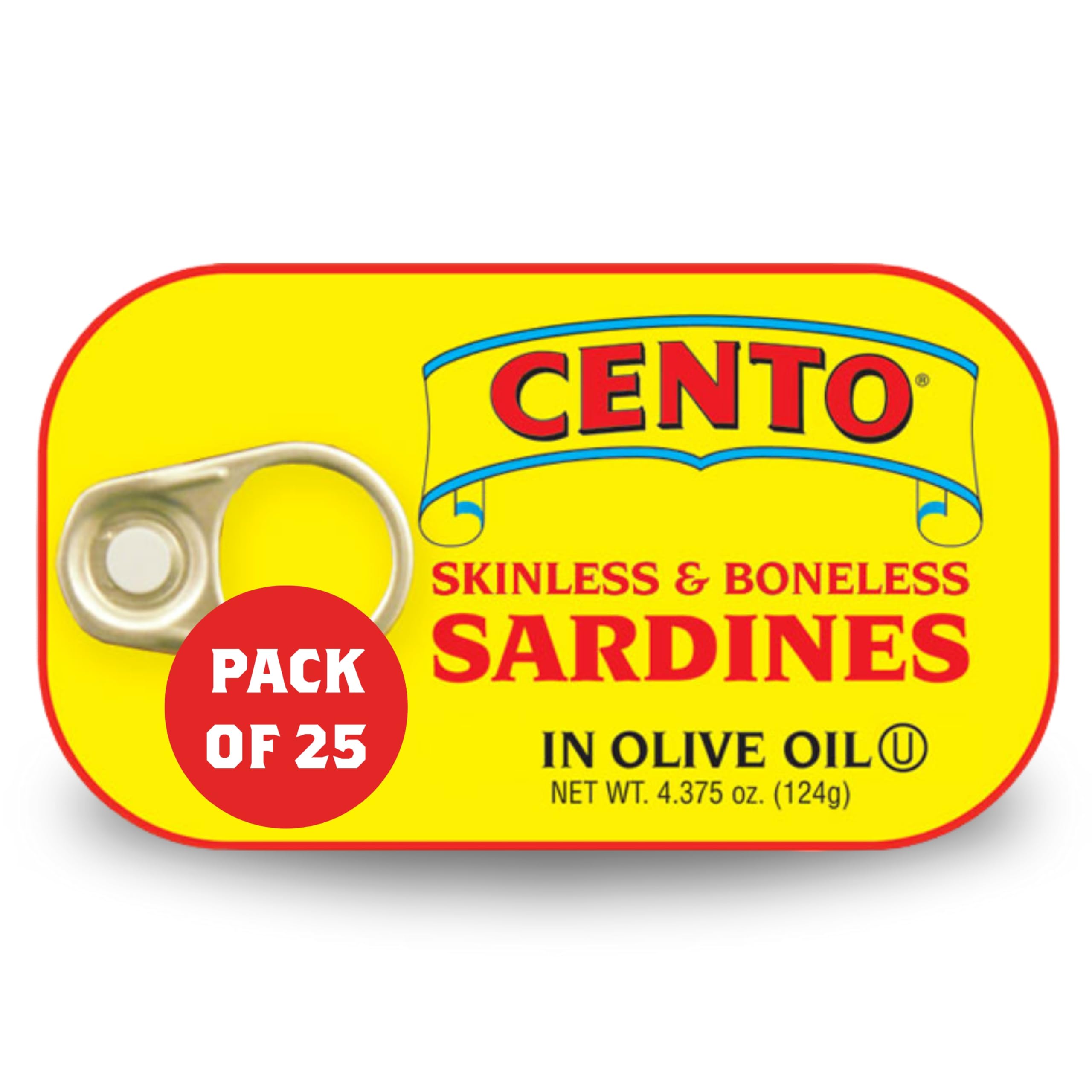 Cento Skinless & Boneless Sardines in Olive Oil, 4.375 Oz (Pack of 25), High Protein, Easy to Open Pull Top Lid