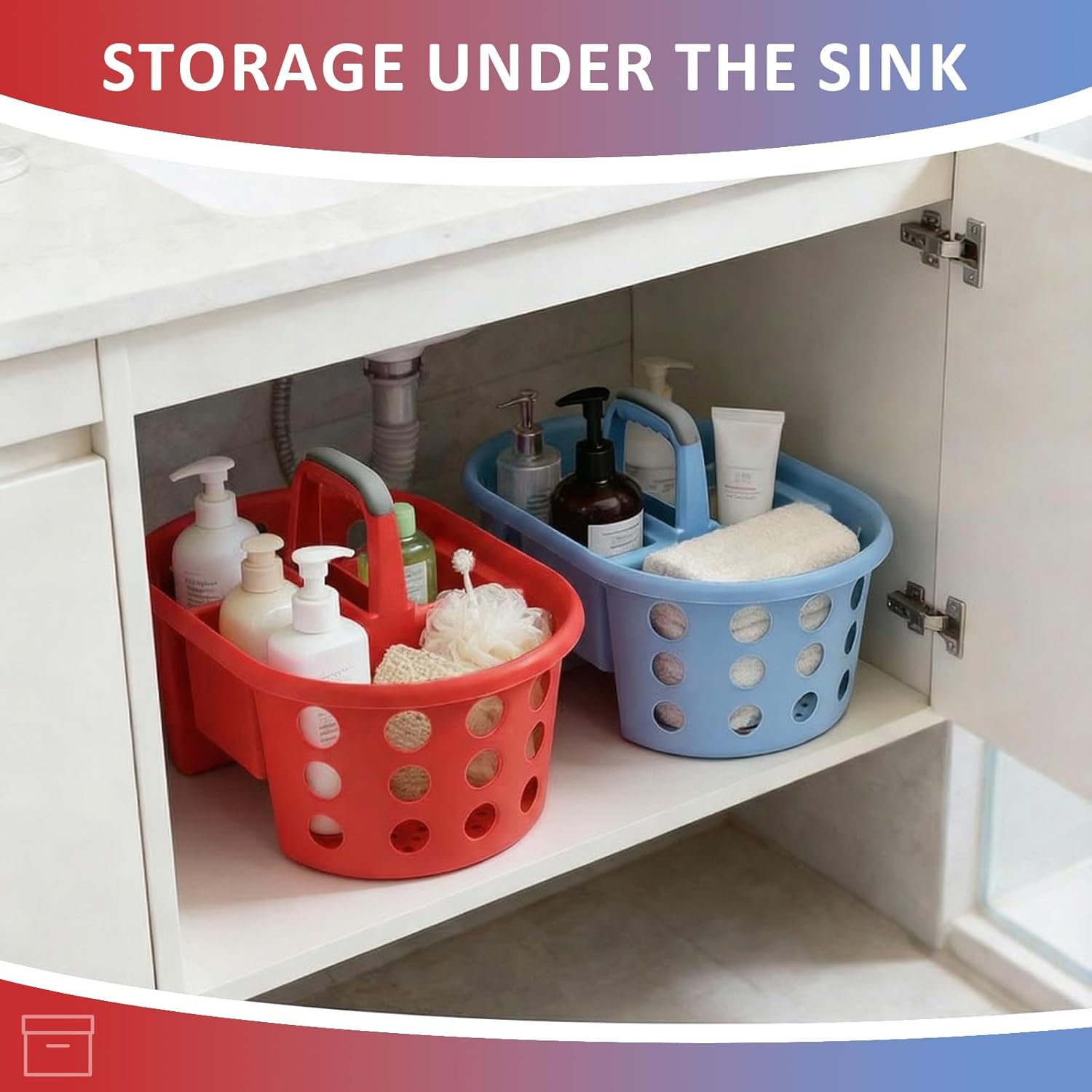 SIMPLYKLEEN Large Shower Caddy Portable 2PC - Made in USA Plastic Jumbo Size Dorm Storage Candy Tote with Handle Shower Organizer for Bathroom, Pantry, Kitchen, College Dorm, Red/Periwinkle