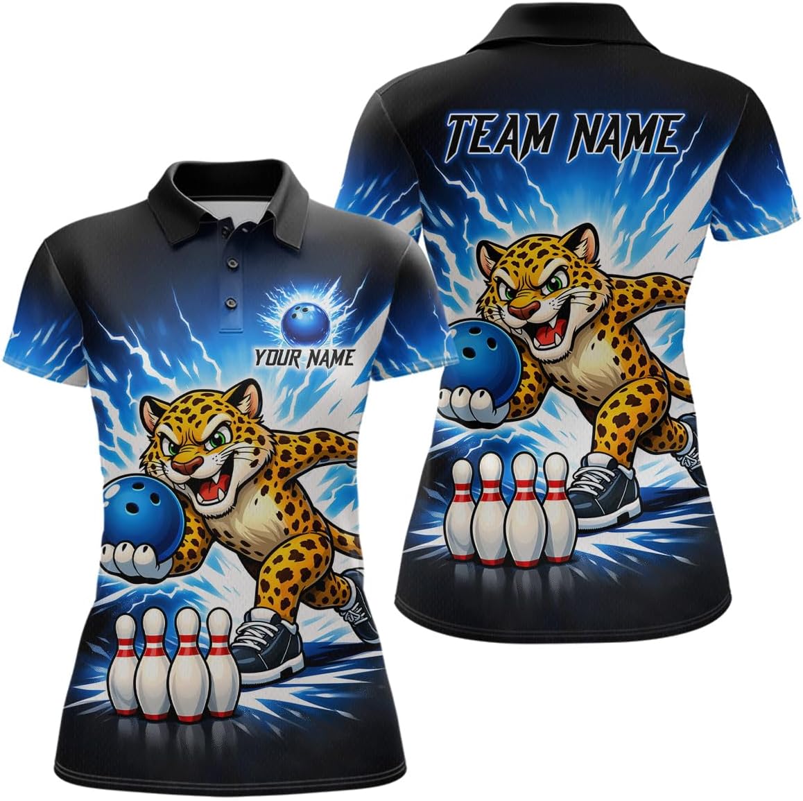 Leopard Bowling Shirts for Team Lightning Blue Leopard Bowling Jersey Men Women Bowling Polo and Bowling Zip Shirt