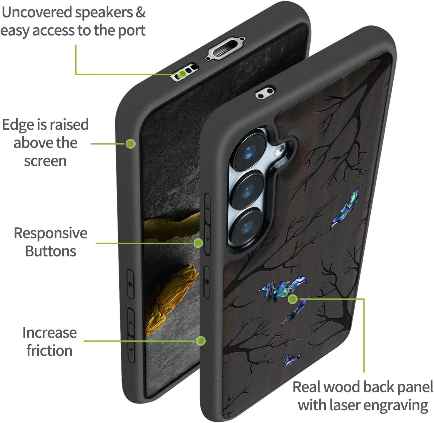 Carveit Designer Wooden Case for Samsung Galaxy S24 FE Case [Wood Engraving & Shell Inlay] Compatible with Wireless Chargers S24 FE Cover (Shadows of The Night-Blackwood)