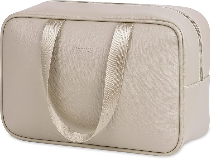 Necessaire grande Narwey em couro PU para viagem, marrom, com compartimento principal e 3 bolsos