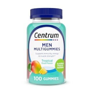 Centrum Gomitas multivitamínicas para hombre, sabores de frutas tropicales hechas de sabores naturales, 100 unidades, suministro para 50 días | Contiene vitamina D3, vitaminas B y antioxidantes, sin gluten, ingredientes sin OMG, soporte GLP-1