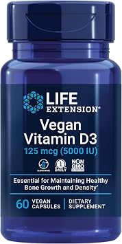 Life Extension Vegan Vitamin D3, 125 mcg 5000 IU, cholecalciferol from Algae, high-Potency Immune, Bone & Whole-Body Health, Gluten-Free, Non-GMO, 1 Daily, 60 Capsules