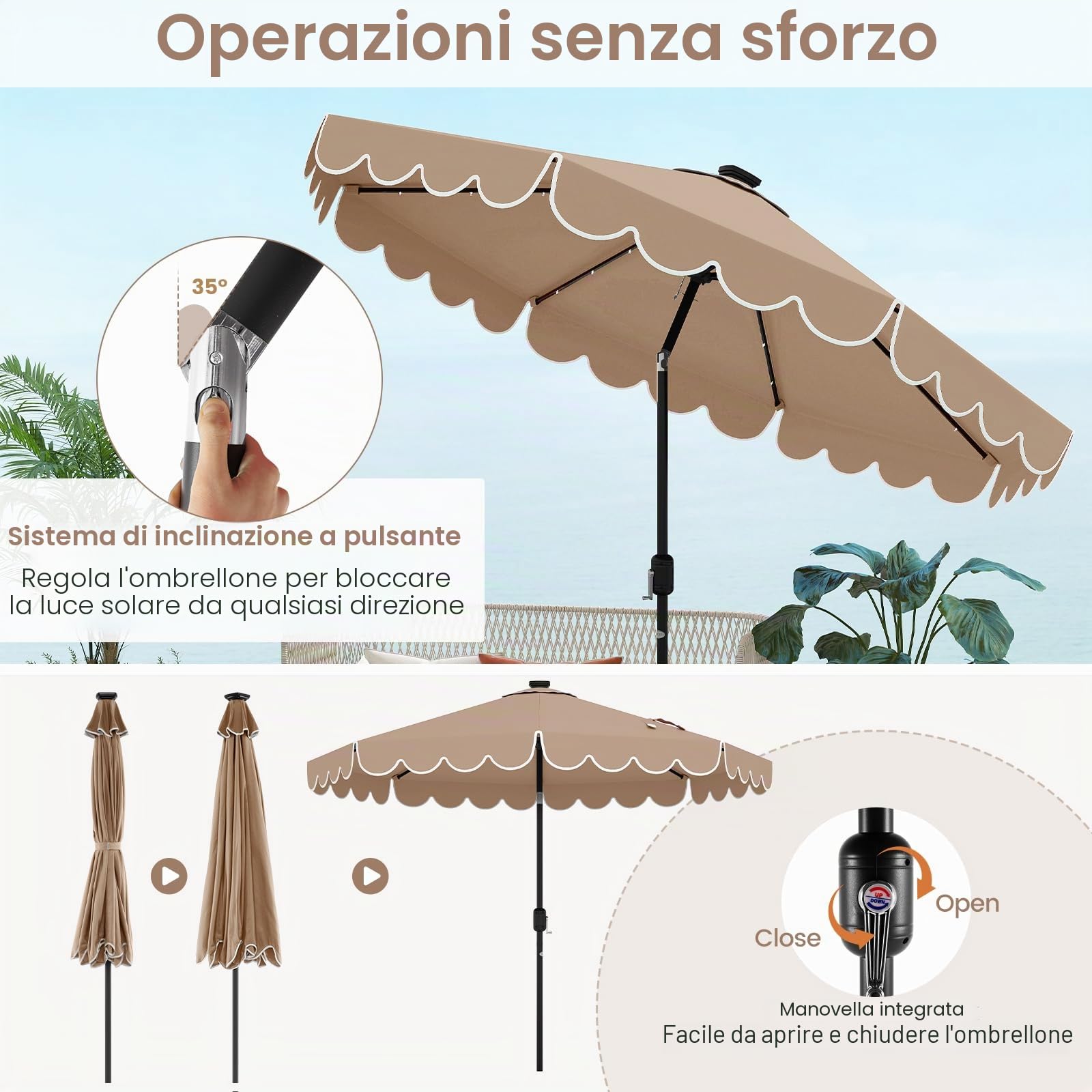 KOMFOTTEU Ombrellone da Giardino Ø 300 cm con 24 Luci a LED, Apertura a Manovella, Inclinazione Regolabile a 35°, Ombrellone da Esterno per Terrazza, Spiaggia, Balcone, Anti UV, Senza Base