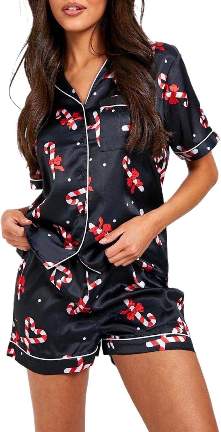Aonoapll Women Christmas Pajama Set Nutcracker Printed Short Sleeve Button Shirt and Shorts 2
