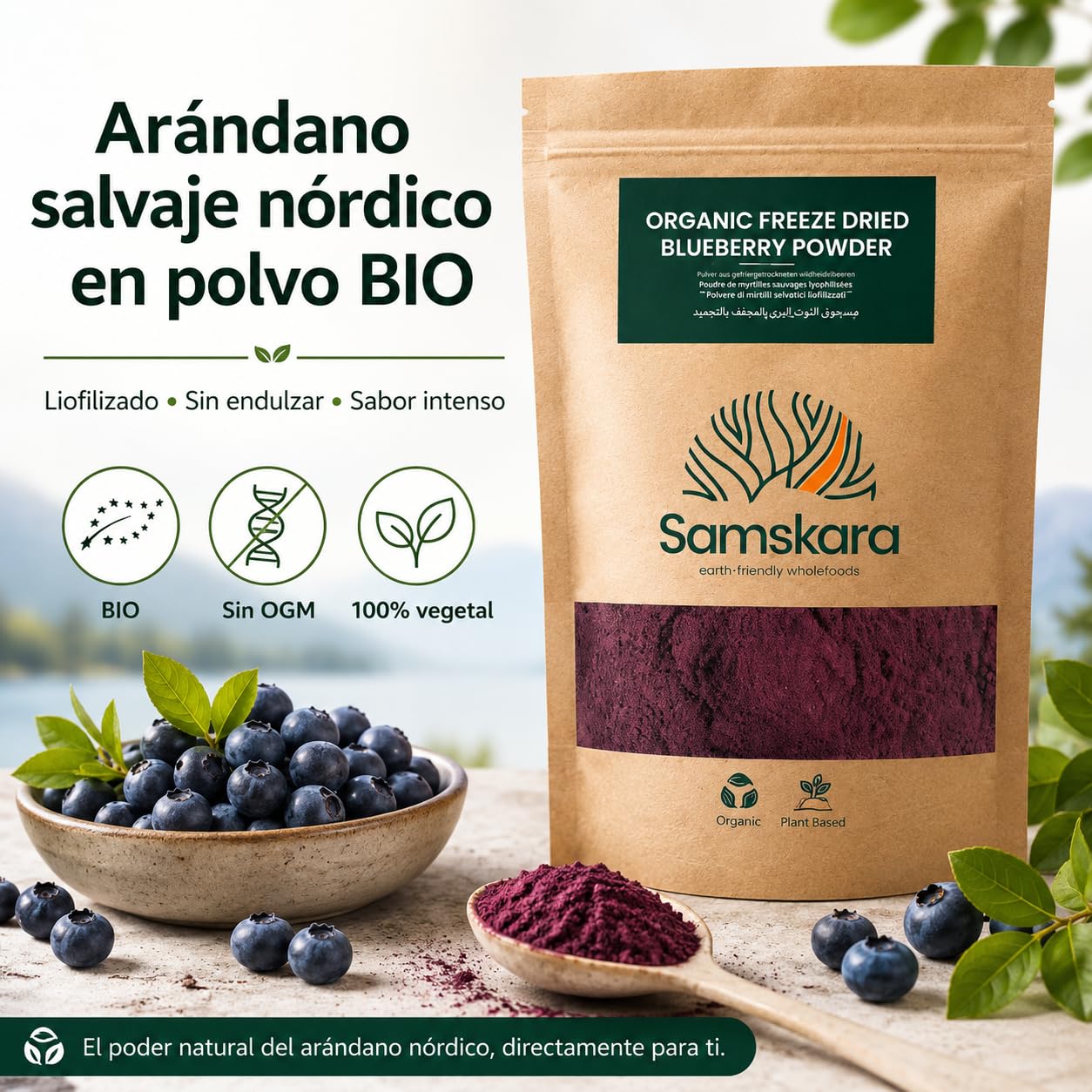 Arándanos salvajes nórdicos en polvo BIO | Samskara Tribe | bayas liofilizadas, sin OGM y sin endulzar, ricas en antioxidantes | para usar en batidos y repostería (150 g)