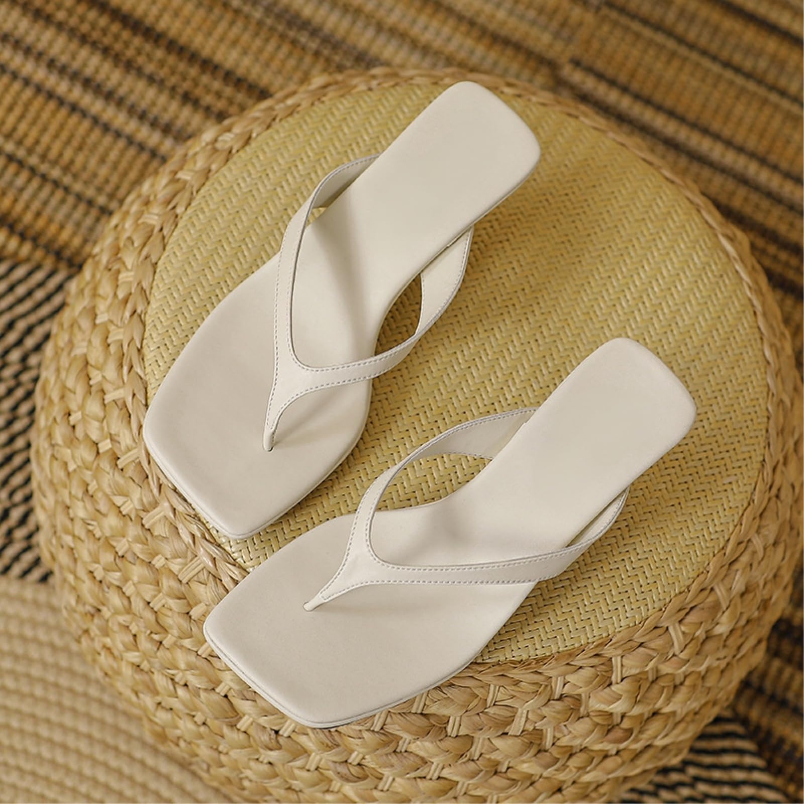 Pantuflas Mujeres Gatito Tacón Chanclas, Pie Cuadrado Zapatos De Verano Cuero Suave Correa Fina Tanga Sandalias, Bajo Confort Playa Casuales