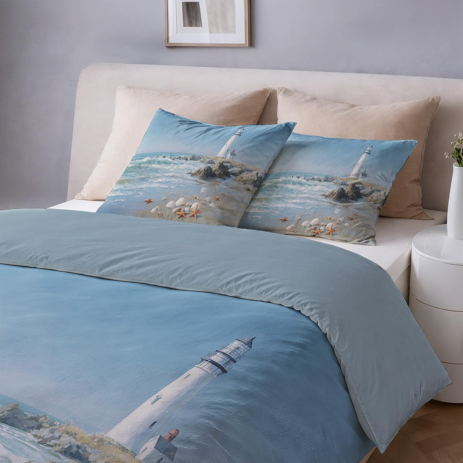 Juego de Funda Nórdica Azul Cielo con DiseñO Fotografía Realista Faro Amanecer Conchas Tranquilo, Tejido Suave y Transpirable, TamañO 220 x 240 cm - Ropa de Cama con Cremallera