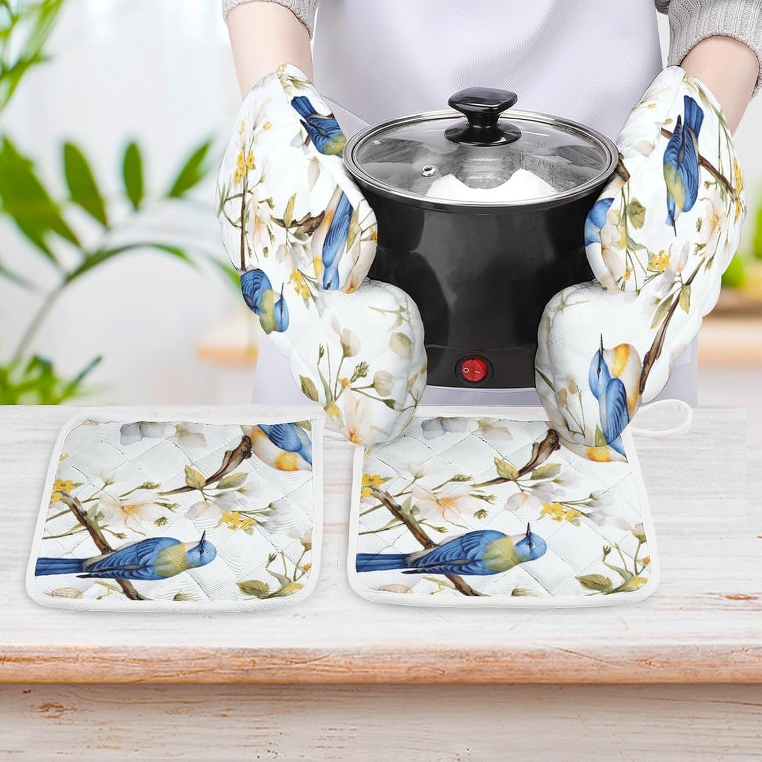 Oven Mitts Pot Holders Kitchen Watercolor Flowers and Birds Heat Resistant Oven Glove for Baking and Cooking
