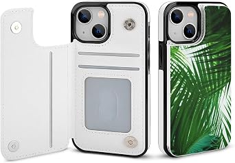 Wallet Case for iPhone 13 Mini, Palm Leaves Green Shades Print PU Leather Flip Shockproof Wallet Phone Cases Cover with Card Slots, Kickstand, Magnetic Clasp Closed