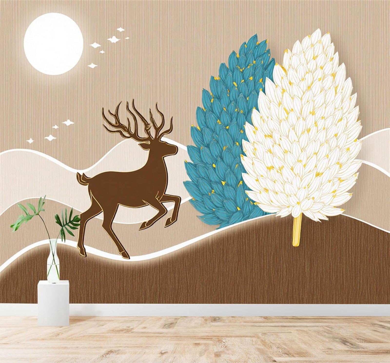 Tzxztt 430Cm×300Cm(B×H) Creative Moon Deer Beige Hills Colourful Trees Modern 3D Wallpaper Premium Textured Silk Neutral Tones Material Ideal For Living Room Bedroom-430Cm×300Cm