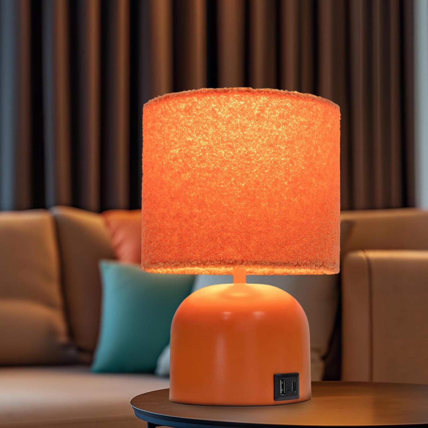 Table Lamp for Bedroom, Bedside Lamps for Nightstand, Minimalist Night Stand Light Lamp with Type-C and USB Ports, Modern Desk Table Lamp for Bedroom, Living Room, Dining Room, Office (Orange)