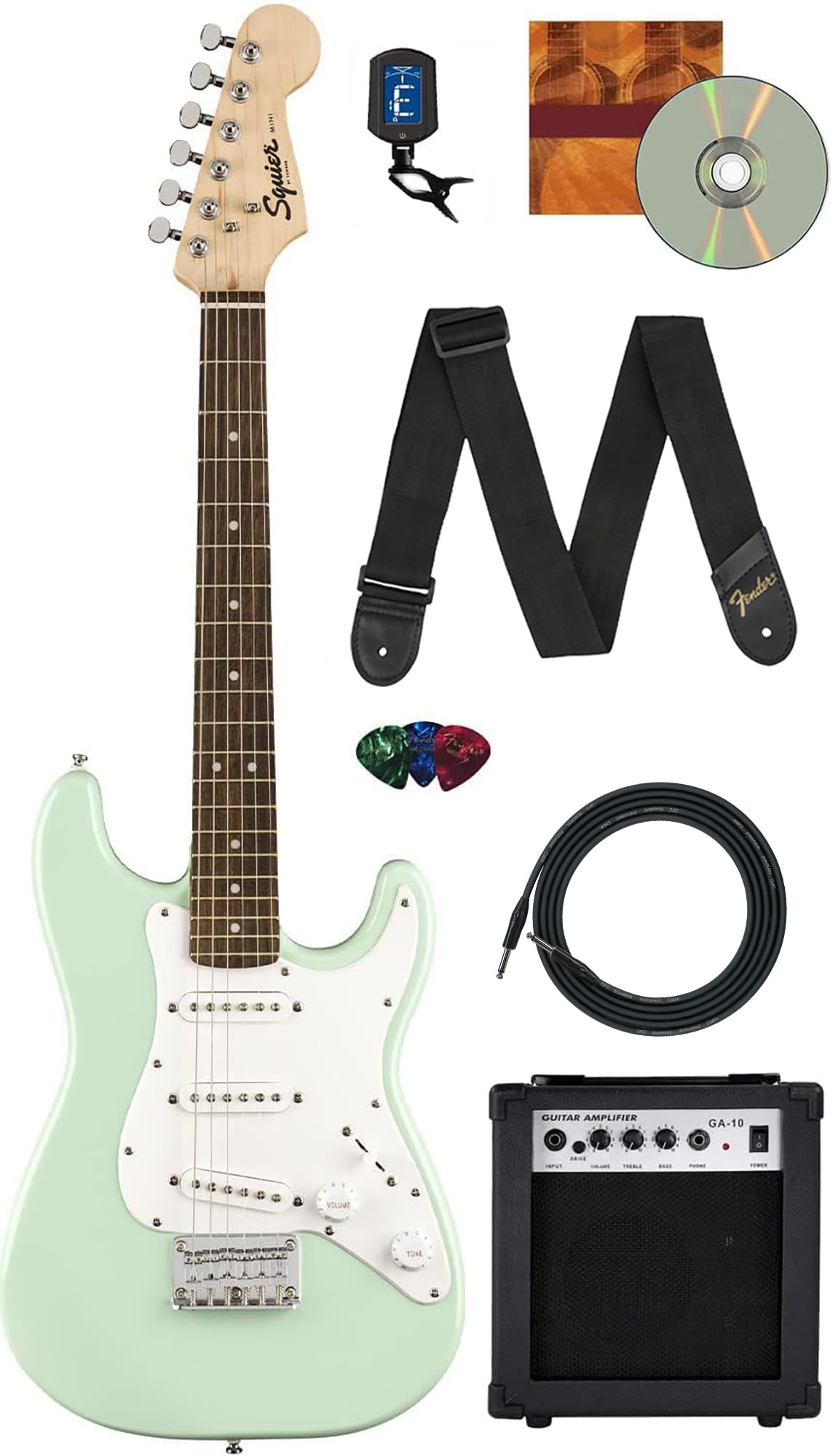 Fender Squier 3/4-Size Kids Mini Strat Electric Guitar - Bundle with Amplifier, Cable, Tuner, Strap, Picks, Online Lessons, and Austin Bazaar Instructional DVD