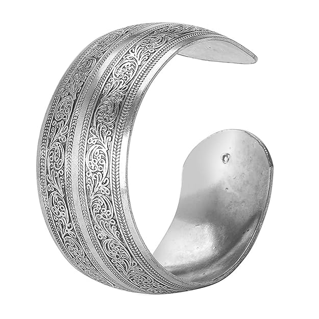 Silver Plated Cuff Style Bracelet Floral Engraved Stylish Fashion Occasion Jewellery for Women & Girls