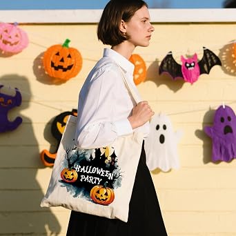 Halloween Canvas Tote Bag, Reusable Grocery Bag With Handles, Spooky Pumpkin Trick Or Treat Basket
