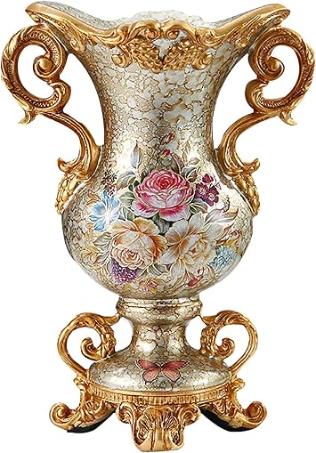 Vintage Resin Flower Vases,Table Centerpiece Decorative Vases,European Style Carved Pedestal Vases for Livingroom Dining Room Home Office Shabby Large Vase with Handle