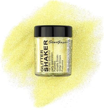 Stargazer Pastel Glitter Shaker, Yellow. Cosmetic glitter powder for use on the eyes, lips, face, body, hair and nails.