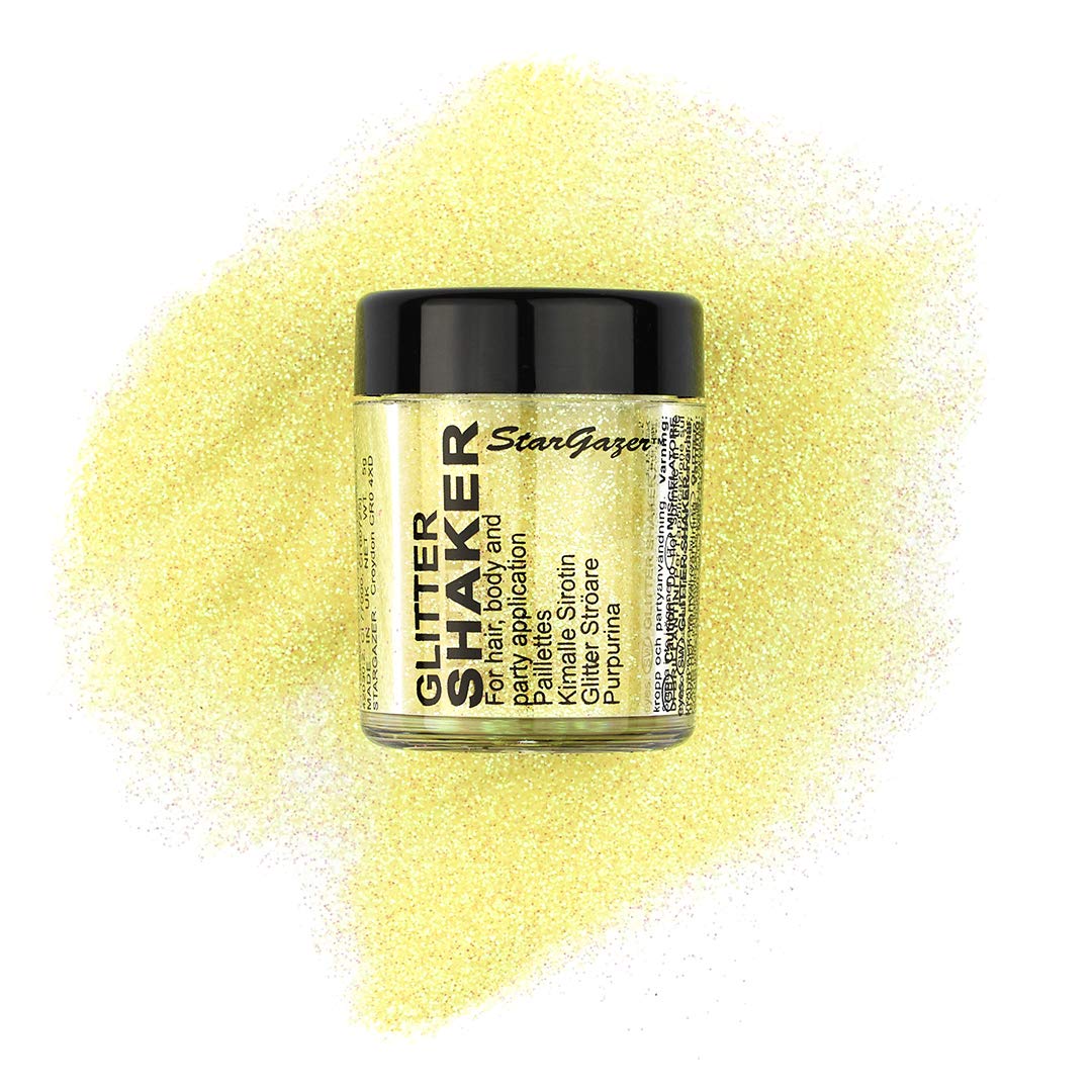 Stargazer Pastel Glitter Shaker, Yellow. Cosmetic glitter powder for use on the eyes, lips, face, body, hair and nails.