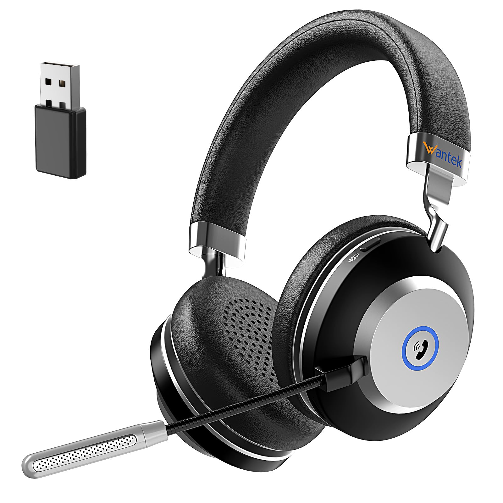 Wantek Wireless Headset with Microphone for Work, Bluetooth 5.3 Headset with USB Dongle, Noise Cancelling Mic, Wireless Office Headphone with Mute Button for PC Laptop Teams Zoom Call Center