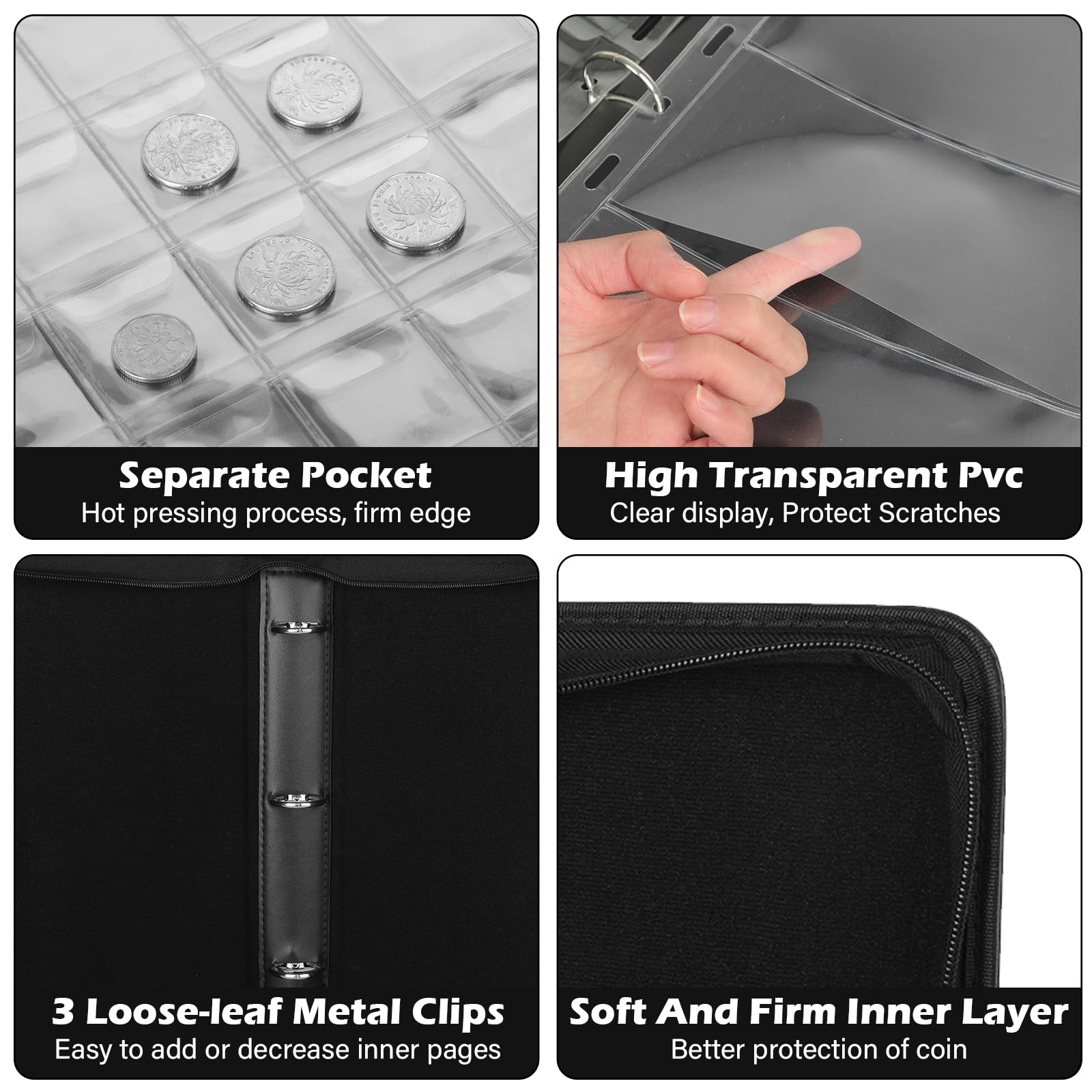 15 PagineTasche Raccoglitore Monete, 35x35mm/45X45mm 400 Porta Monete da Collezione+15 Tasche per Banconote, Raccoglitore da Collezione con Cerniera, Album Portamonete per Euro, Sterlina, Pence