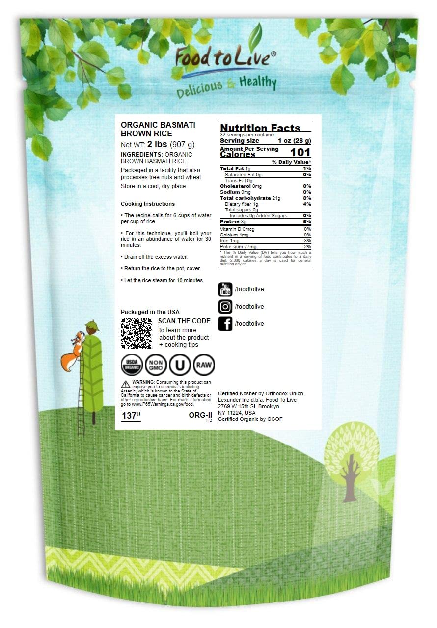 Food to Live - Organic Brown Basmati Rice, 2 Pounds Non-GMO, Whole Grain, Long-Grain Rice Variety, Fragrant, Kosher, Vegan, Bulk. Less Starch Content. High in Dietary Fiber.