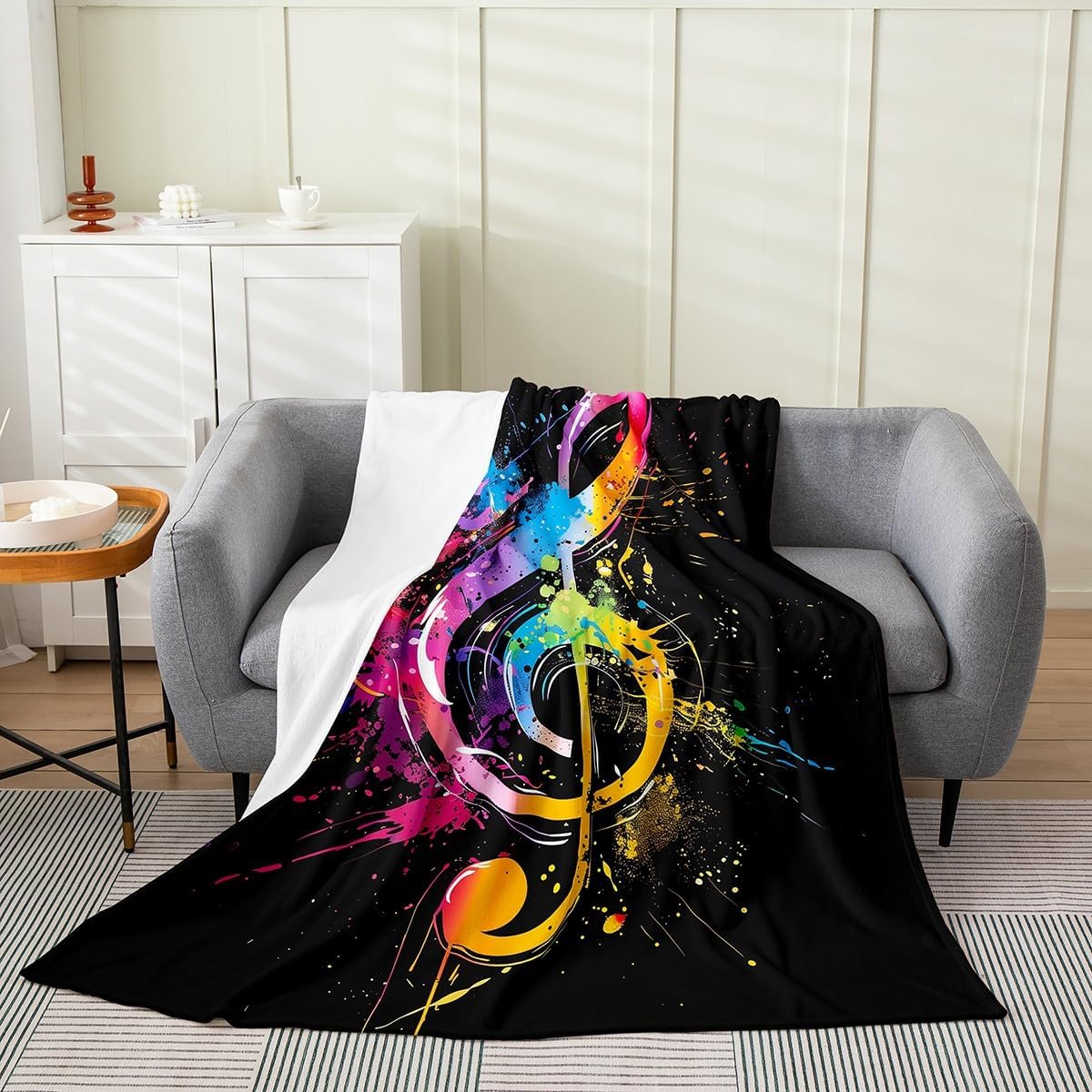 Erosebridal Musical Note Throw Blanket Queen 90x90, Color Painting Blanket, Music Abstract Fuzzy Blanket for Living Room, Yellow Purple Pink Black Pigments Kid Teen Fleece Blanket