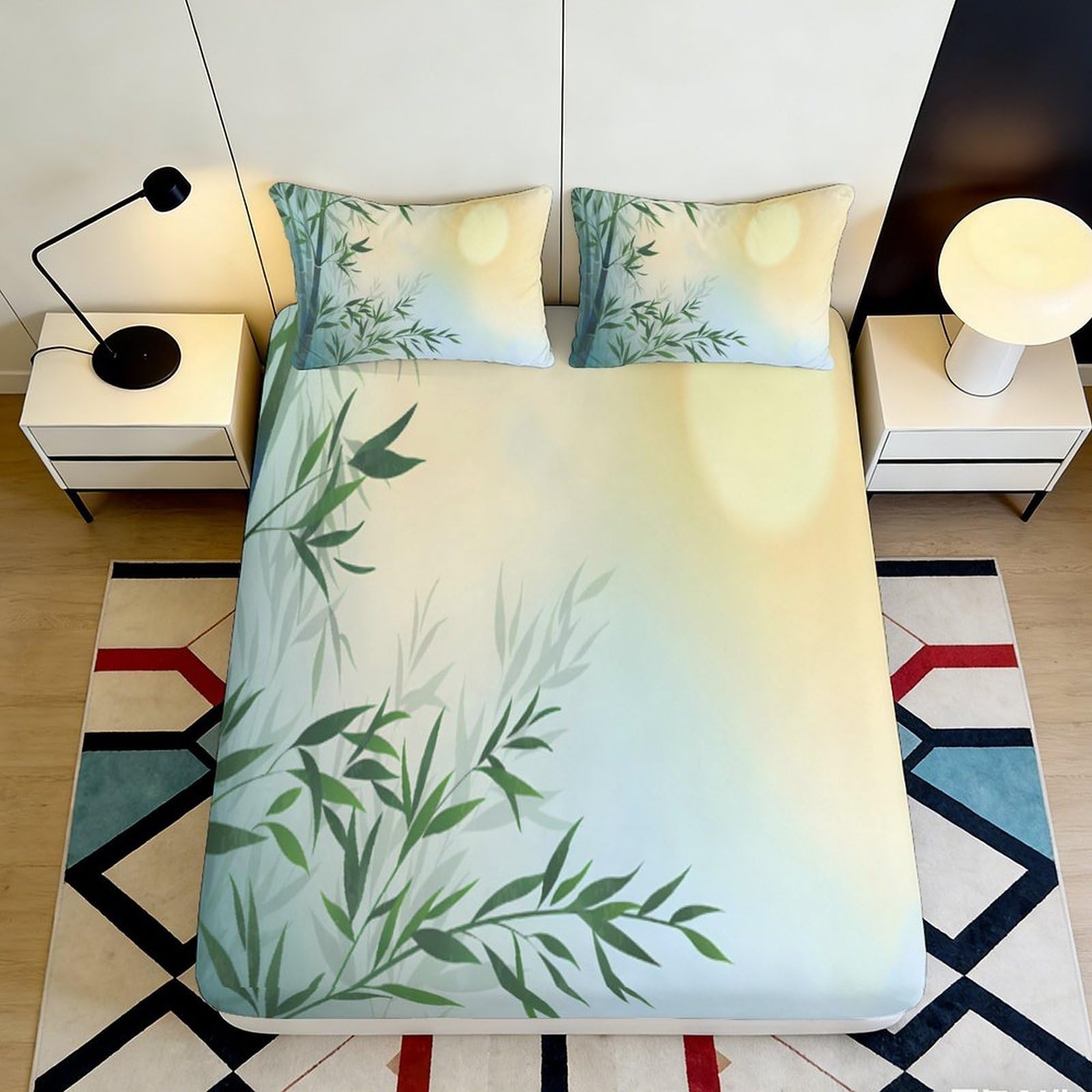Pnayamiorkfel Style-5 3D Printed Bamboo Leaves Fitted Sheet Microfiber Soft Anti-Slip Sunlight Bed Cover For Bedroom Guest Room Mattress Protection 90X200x25cm