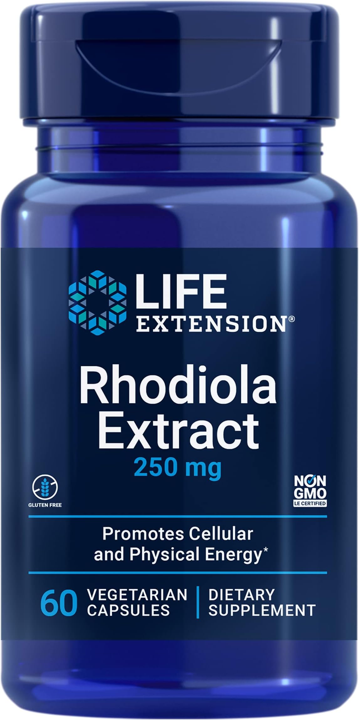 Rhodiola Extract 250 mg – Energy and Stress Management Supplement – Memory and Cognition Support - Gluten-Free, Non-GMO, Vegetarian – 60 Capsules