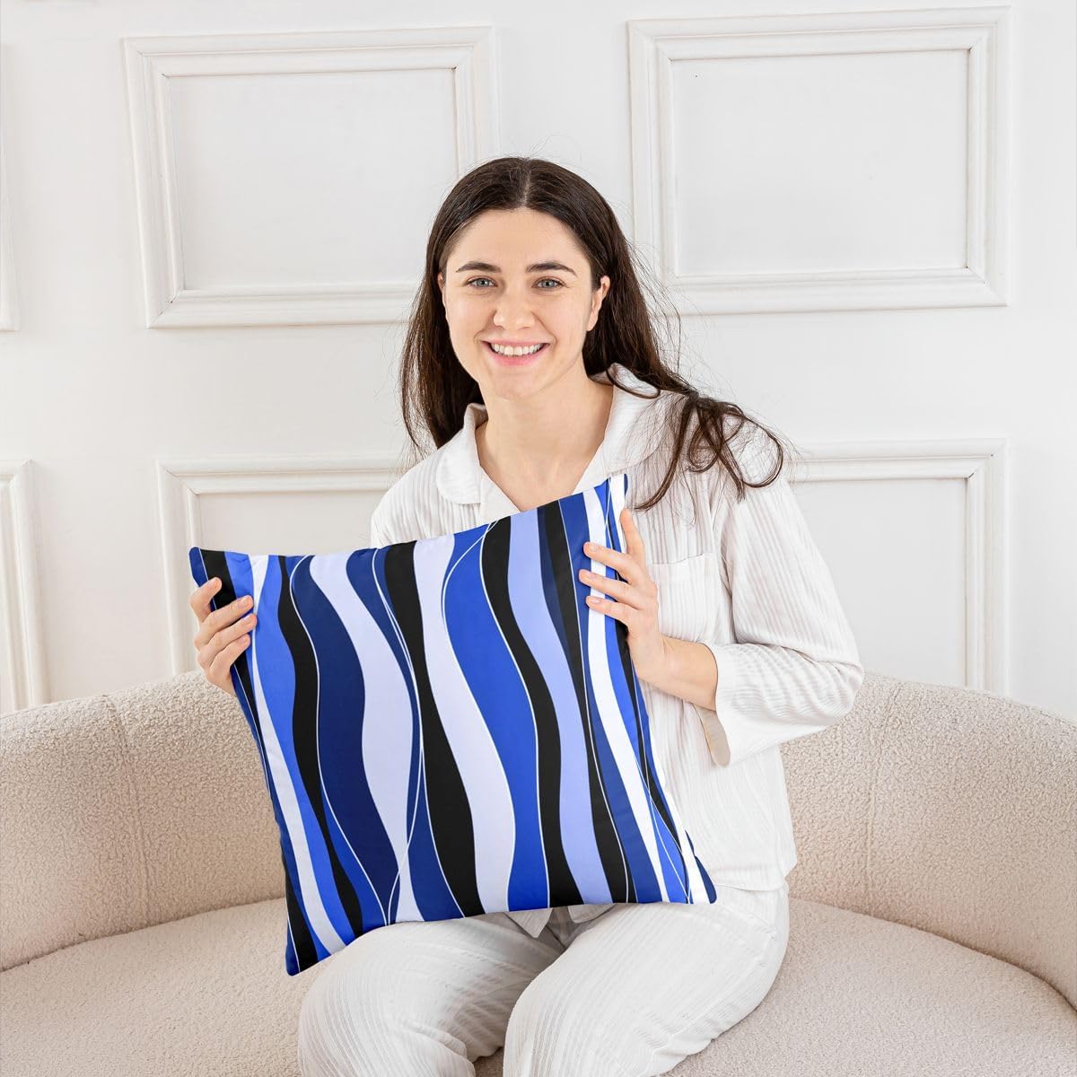 Manfei Vibrant Wavy Line Throw Pillow Cover Flowing Curve Cushion Case Modern Style Pillow Cover for Couch Sofa,Blue Black White Soft Pillowcases,16x16 Inches image 4